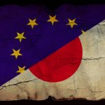 European Union and Japanese flag in grunge and vintage style.