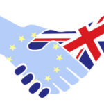 EU and UK flags as handshake, EU flag faded