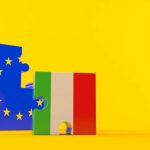 European union with italy isolated on orange background. 3d illustration