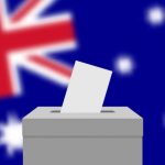 Australia election banner background. Ballot Box with blurred flag