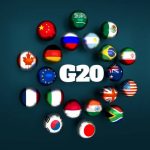 G20 international forum. Group of Twenty members flags on spheres. 3D rendering